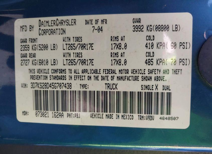 Photo 9 of 2005 Dodge Ram 2500 SLT/LARAMIE (VIN 3D7KS28D45G707438)