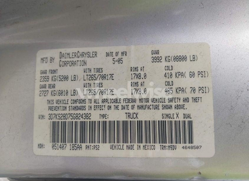 Photo 9 of 2005 Dodge Ram 2500 SLT/LARAMIE (VIN 3D7KS28D75G824382)