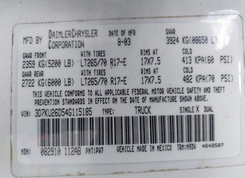 Photo 9 of 2004 Dodge Ram 2500 SLT/LARAMIE (VIN 3D7KU26D54G115185)