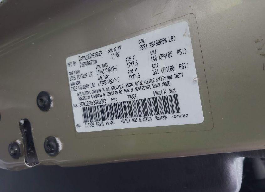 Photo 9 of 2003 Dodge Ram 2500 SLT/LARAMIE/ST (VIN 3D7KU26D83G731302)