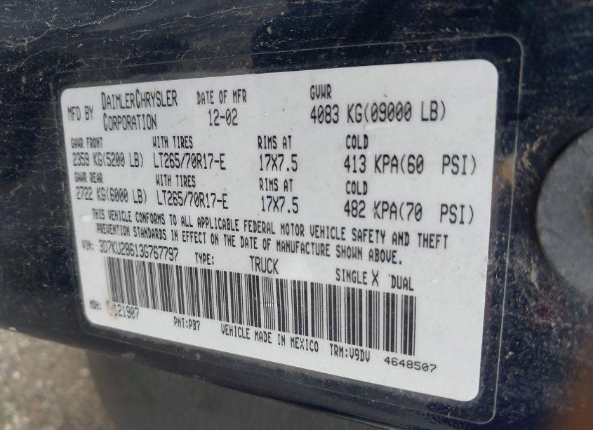 Photo 9 of 2003 Dodge Ram 2500 SLT/LARAMIE/ST (VIN 3D7KU28613G767797)