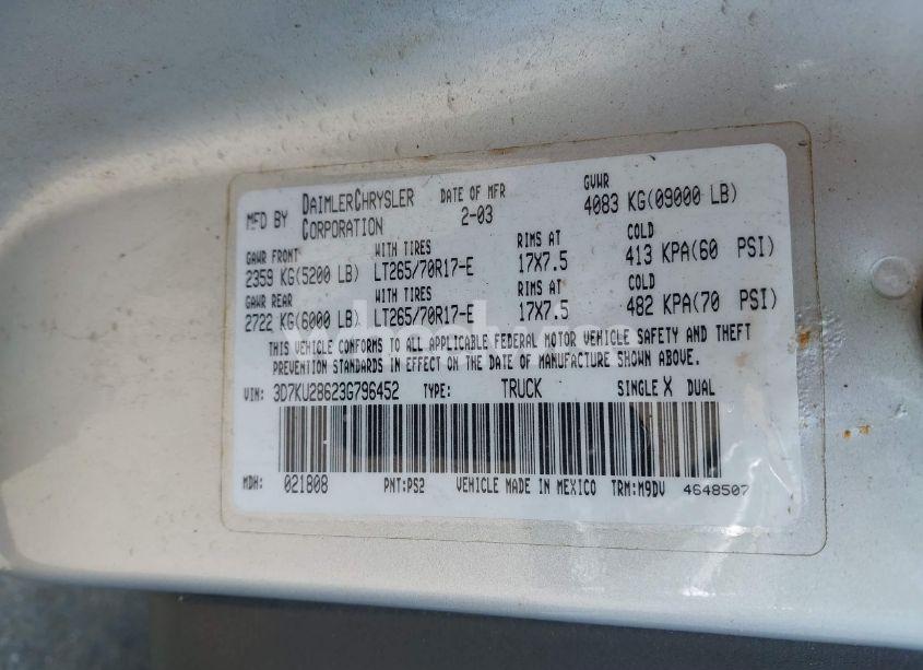 Photo 9 of 2003 Dodge Ram 2500 SLT/LARAMIE/ST (VIN 3D7KU28623G796452)