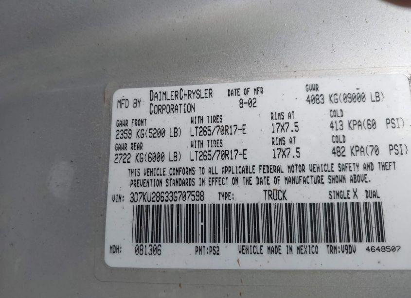 Photo 9 of 2003 Dodge Ram 2500 SLT/LARAMIE/ST (VIN 3D7KU28633G707598)