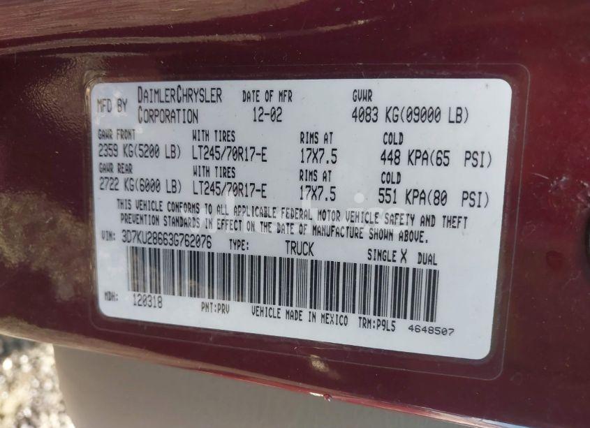 Photo 9 of 2003 Dodge Ram 2500 SLT/LARAMIE/ST (VIN 3D7KU28663G762076)