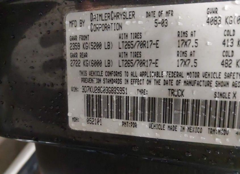 Photo 9 of 2003 Dodge Ram 2500 SLT/LARAMIE/ST (VIN 3D7KU28C03G835951)