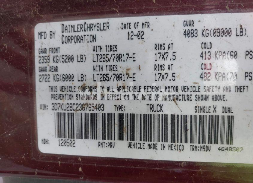 Photo 9 of 2003 Dodge Ram 2500 SLT/LARAMIE/ST (VIN 3D7KU28C23G765403)