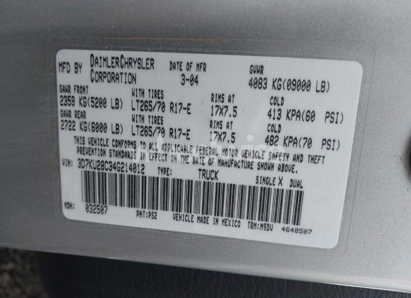 Photo 9 of 2004 Dodge Ram 2500 SLT/LARAMIE (VIN 3D7KU28C34G214012)