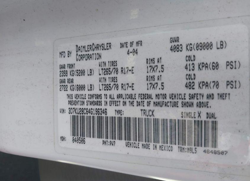 Photo 9 of 2004 Dodge Ram 2500 SLT/LARAMIE (VIN 3D7KU28C64G196346)