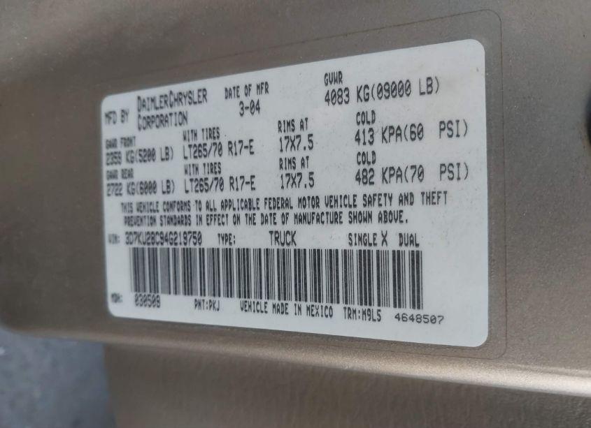 Photo 9 of 2004 Dodge Ram 2500 SLT/LARAMIE (VIN 3D7KU28C94G219750)