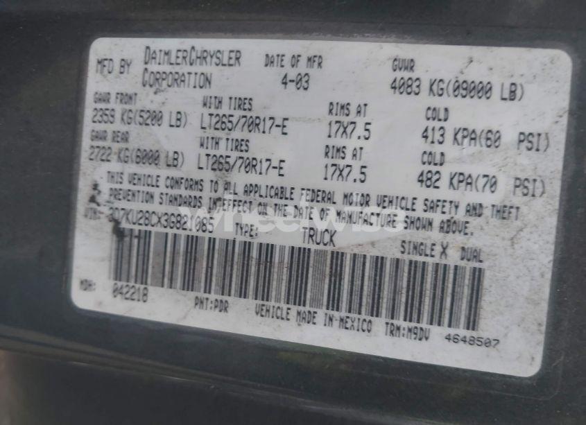 Photo 9 of 2003 Dodge Ram 2500 SLT/LARAMIE/ST (VIN 3D7KU28CX3G821085)