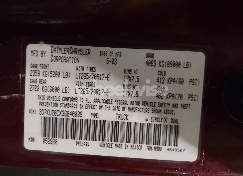 Photo 9 of 2003 Dodge Ram 2500 SLT/LARAMIE/ST (VIN 3D7KU28CX3G840039)