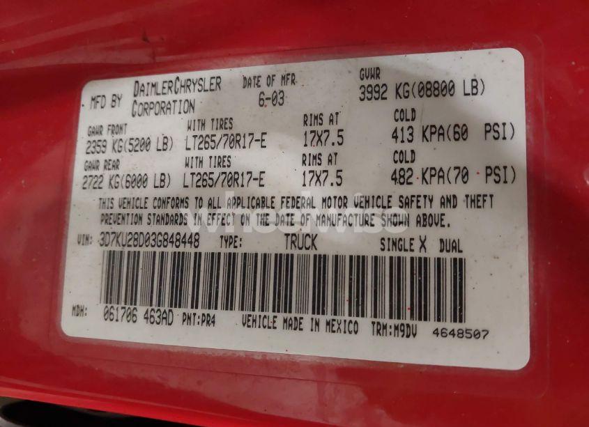 Photo 9 of 2003 Dodge Ram 2500 SLT/LARAMIE/ST (VIN 3D7KU28D03G848448)