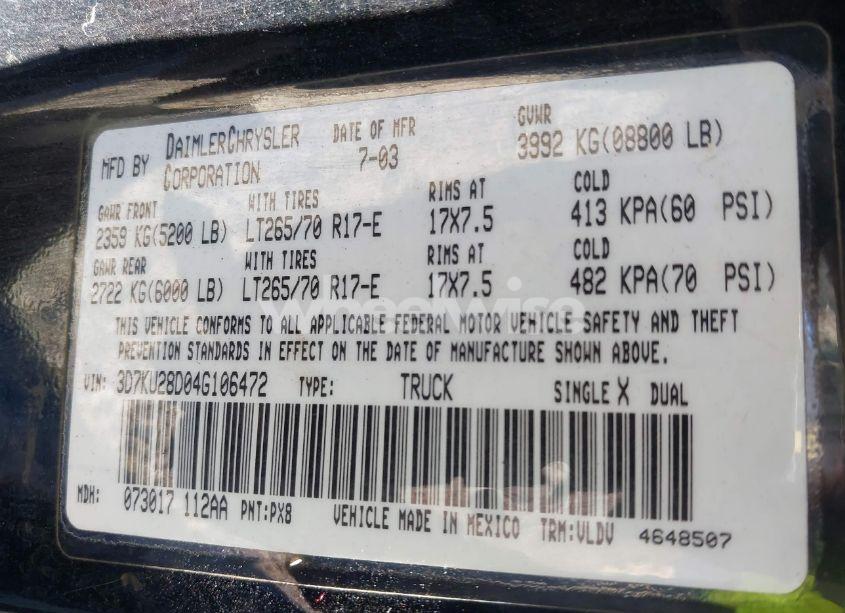 Photo 9 of 2004 Dodge Ram 2500 SLT/LARAMIE (VIN 3D7KU28D04G106472)