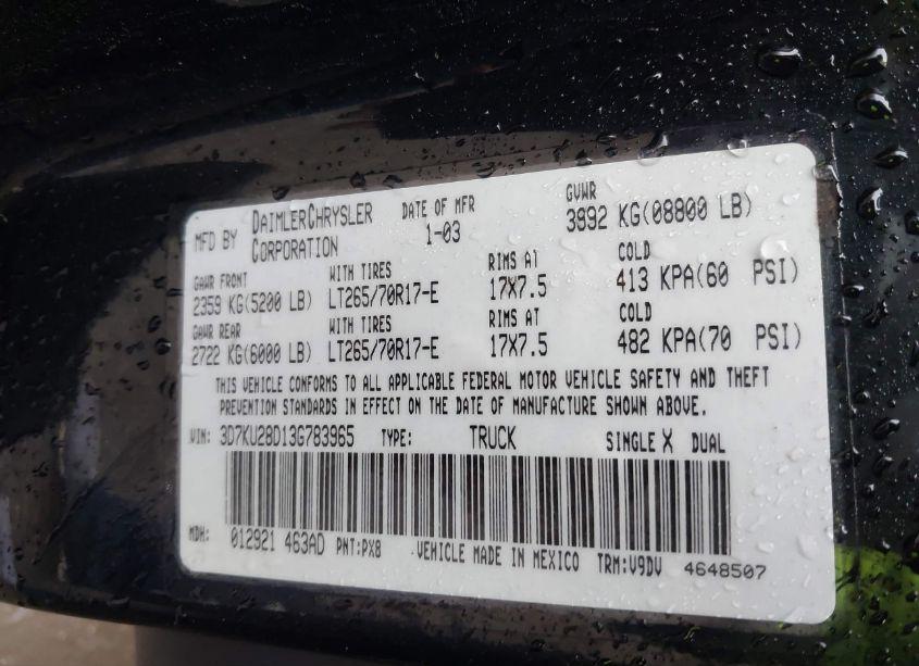 Photo 9 of 2003 Dodge Ram 2500 SLT/LARAMIE/ST (VIN 3D7KU28D13G783965)