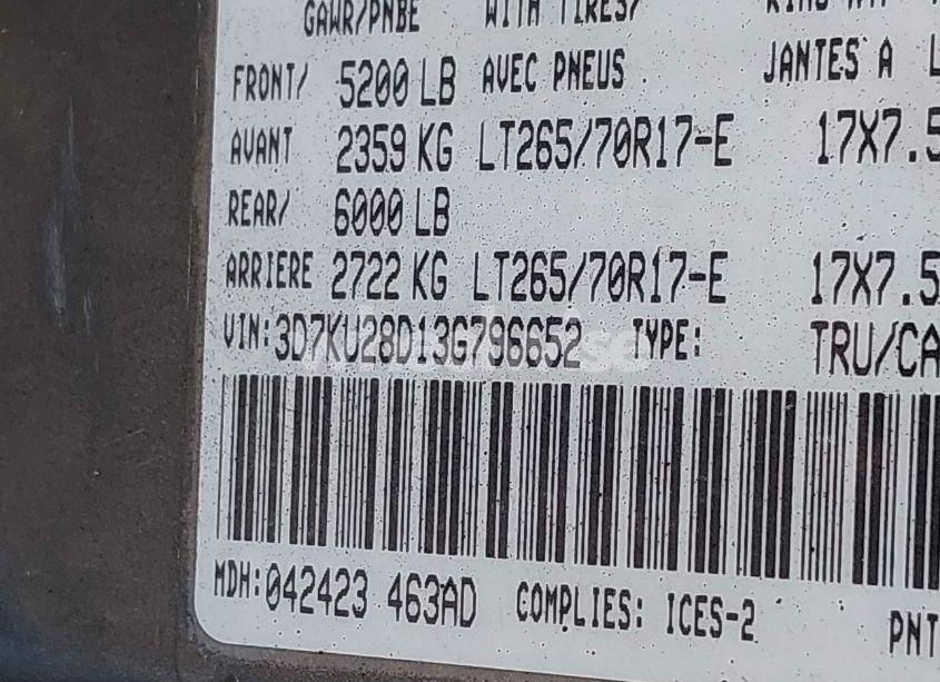 Photo 9 of 2003 Dodge Ram 2500 SLT/LARAMIE/ST (VIN 3D7KU28D13G796652)