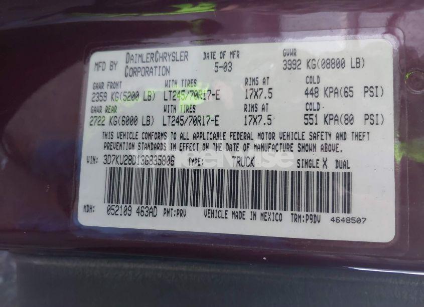 Photo 9 of 2003 Dodge Ram 2500 SLT/LARAMIE/ST (VIN 3D7KU28D13G835806)
