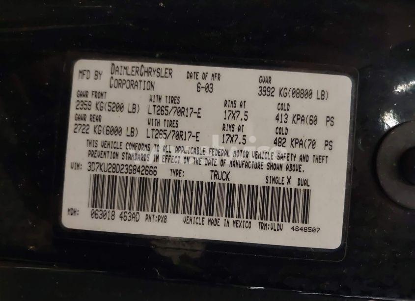 Photo 9 of 2003 Dodge Ram 2500 SLT/LARAMIE/ST (VIN 3D7KU28D23G842666)