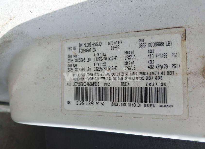 Photo 9 of 2004 Dodge Ram 2500 SLT/LARAMIE (VIN 3D7KU28D34G161515)