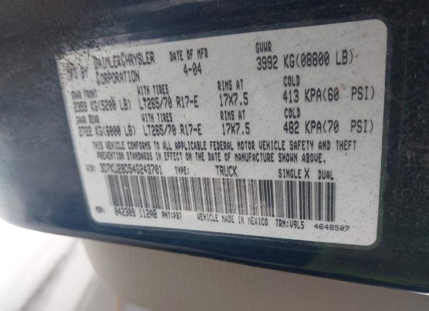 Photo 9 of 2004 Dodge Ram 2500 SLT/LARAMIE (VIN 3D7KU28D54G243701)