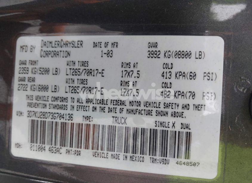 Photo 9 of 2003 Dodge Ram 2500 SLT/LARAMIE/ST (VIN 3D7KU28D73G704136)