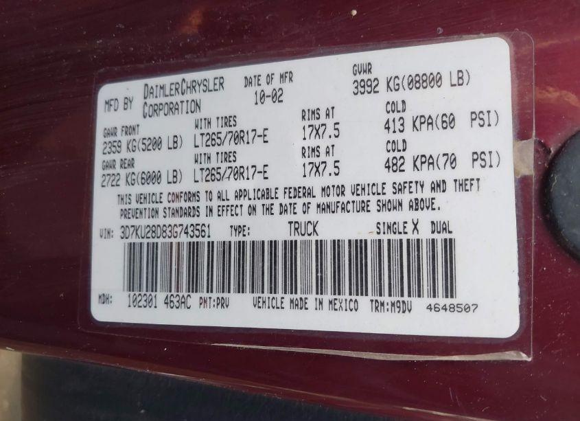 Photo 9 of 2003 Dodge Ram 2500 SLT/LARAMIE/ST (VIN 3D7KU28D83G743561)