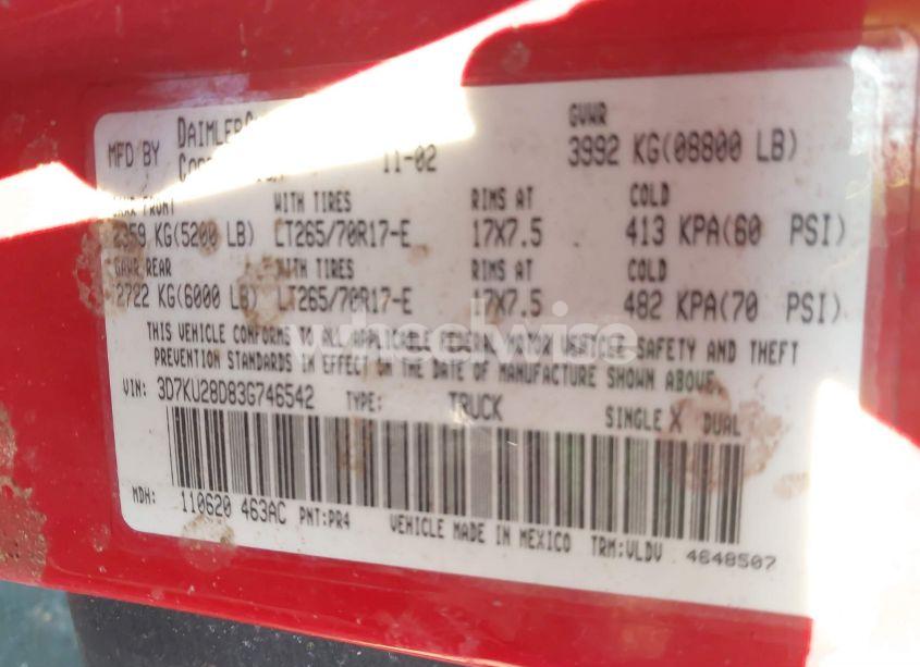 Photo 9 of 2003 Dodge Ram 2500 SLT/LARAMIE/ST (VIN 3D7KU28D83G746542)