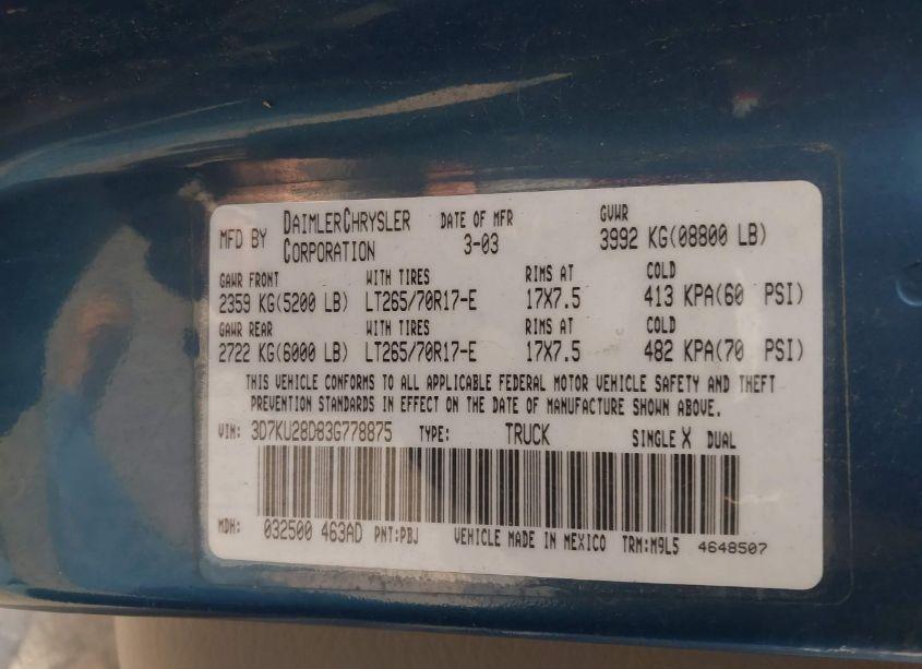 Photo 9 of 2003 Dodge Ram 2500 SLT/LARAMIE/ST (VIN 3D7KU28D83G778875)
