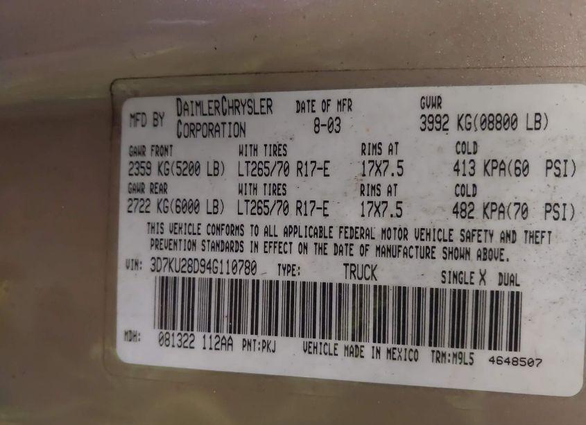 Photo 9 of 2004 Dodge Ram 2500 SLT/LARAMIE (VIN 3D7KU28D94G110780)