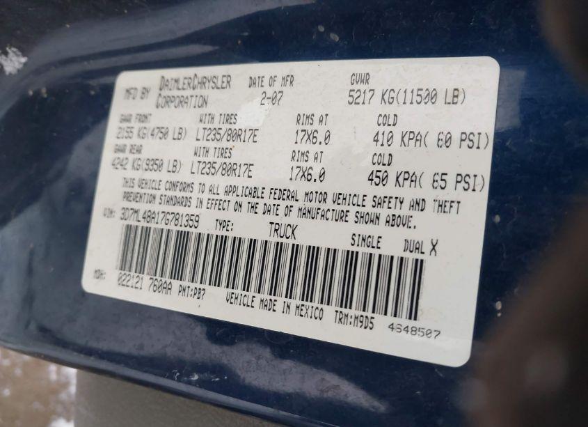 Photo 9 of 2007 Dodge Ram 3500 SLT/SPORT (VIN 3D7ML48A17G781359)