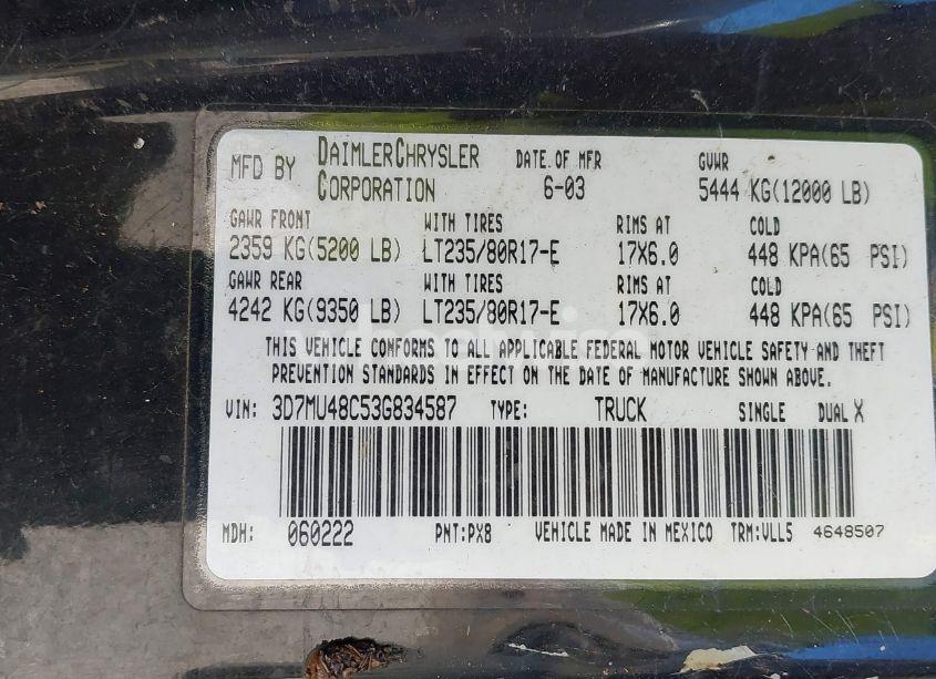Photo 8 of 2003 Dodge Ram 3500 SLT/LARAMIE/ST (VIN 3D7MU48C53G834587)