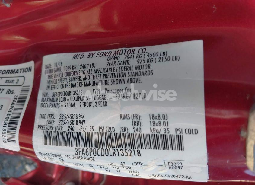 Photo 9 of 2020 Ford Fusion SEL (VIN 3FA6P0CD0LR135218)