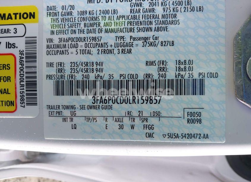 Photo 9 of 2020 Ford Fusion SEL (VIN 3FA6P0CD0LR159857)