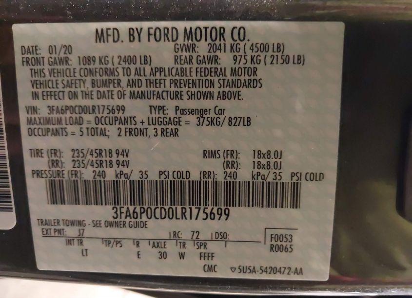 Photo 9 of 2020 Ford Fusion SEL (VIN 3FA6P0CD0LR175699)