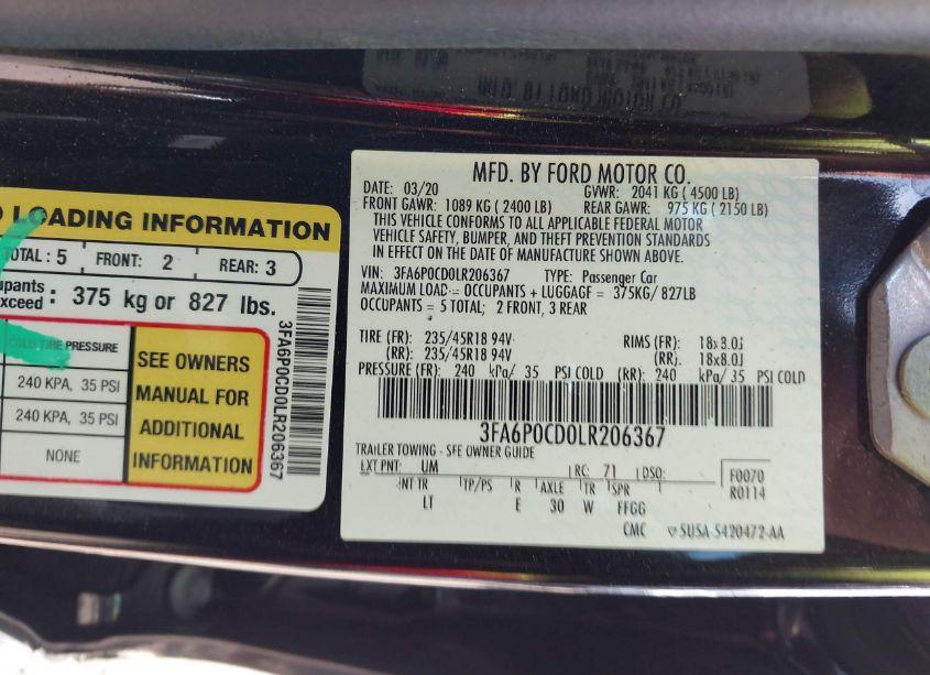Photo 9 of 2020 Ford Fusion SEL (VIN 3FA6P0CD0LR206367)