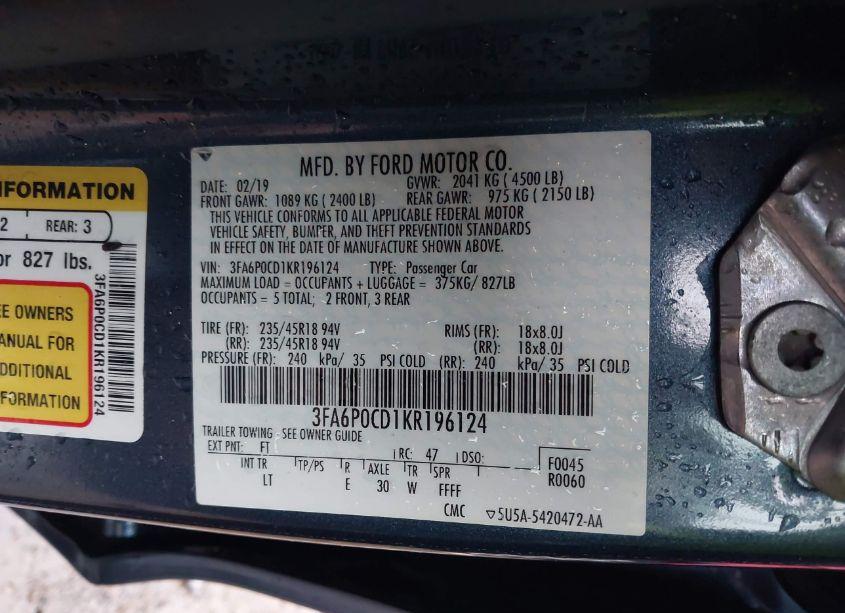 Photo 9 of 2019 Ford Fusion SEL (VIN 3FA6P0CD1KR196124)