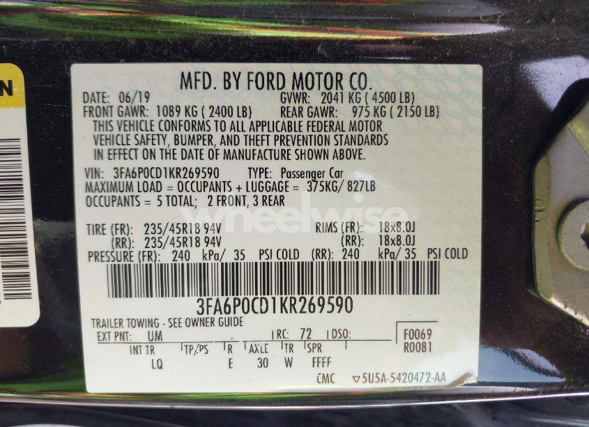 Photo 9 of 2019 Ford Fusion SEL (VIN 3FA6P0CD1KR269590)