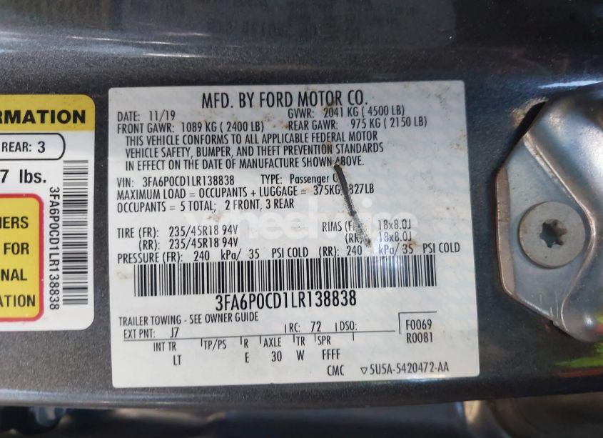 Photo 9 of 2020 Ford Fusion SEL (VIN 3FA6P0CD1LR138838)