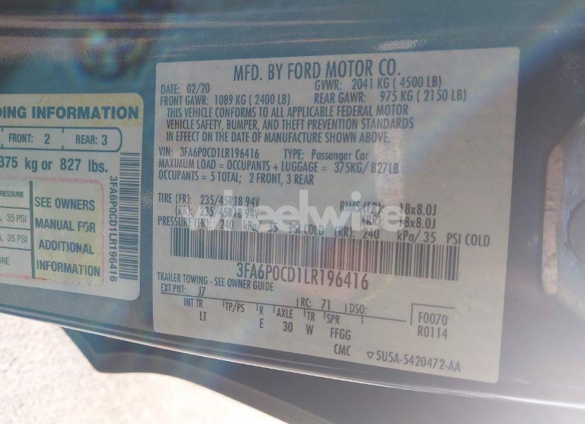 Photo 9 of 2020 Ford Fusion SEL (VIN 3FA6P0CD1LR196416)