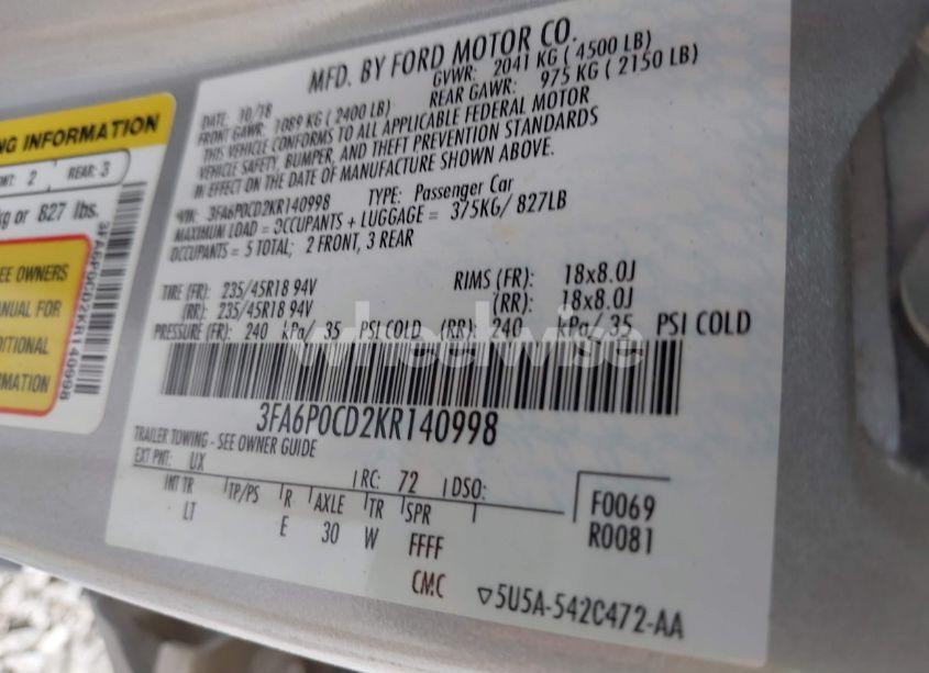 Photo 9 of 2019 Ford Fusion SEL (VIN 3FA6P0CD2KR140998)