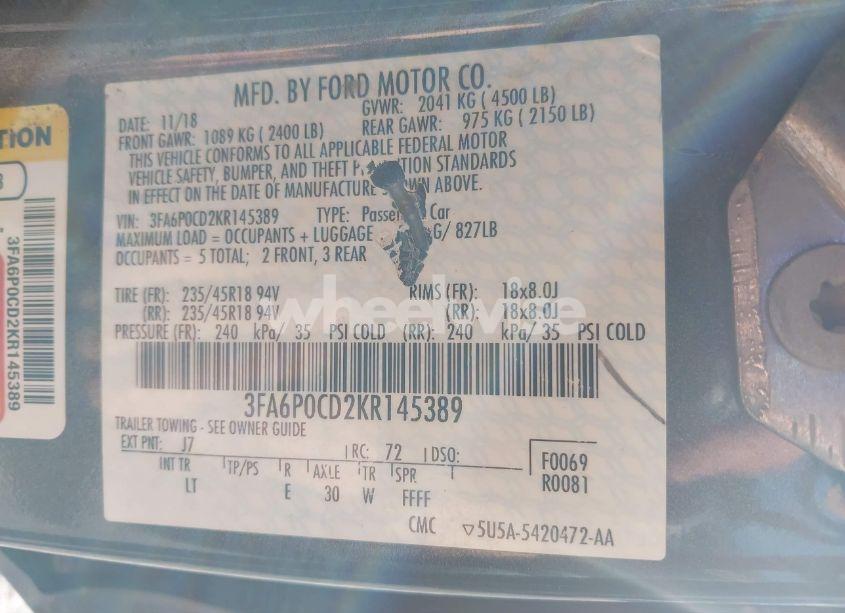 Photo 9 of 2019 Ford Fusion SEL (VIN 3FA6P0CD2KR145389)