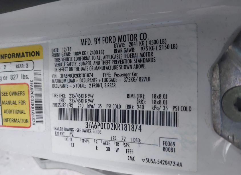 Photo 9 of 2019 Ford Fusion SEL (VIN 3FA6P0CD2KR181874)