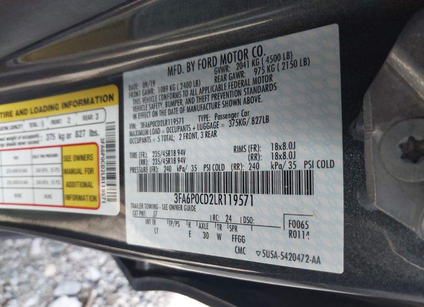 Photo 9 of 2020 Ford Fusion SEL (VIN 3FA6P0CD2LR119571)