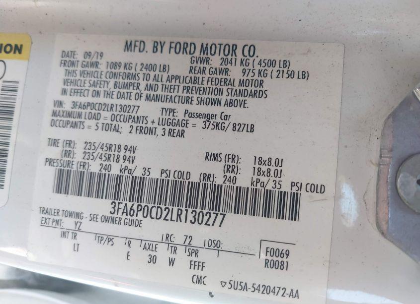 Photo 9 of 2020 Ford Fusion SEL (VIN 3FA6P0CD2LR130277)