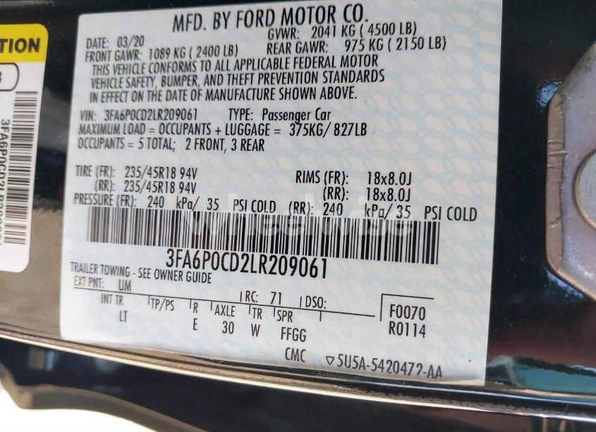 Photo 9 of 2020 Ford Fusion SEL (VIN 3FA6P0CD2LR209061)