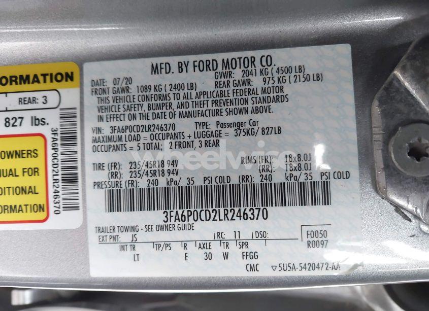 Photo 9 of 2020 Ford Fusion SEL (VIN 3FA6P0CD2LR246370)