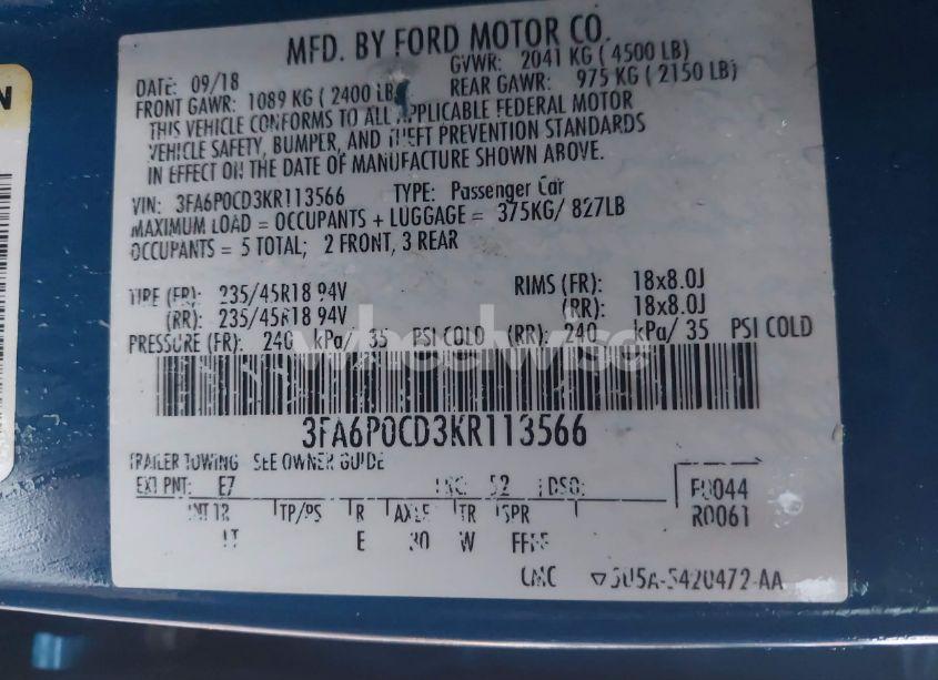 Photo 9 of 2019 Ford Fusion SEL (VIN 3FA6P0CD3KR113566)