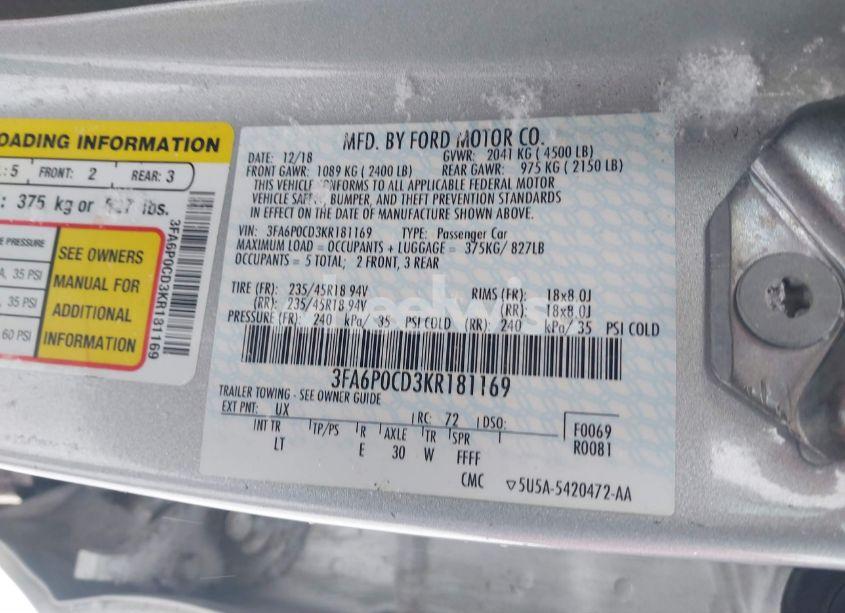 Photo 9 of 2019 Ford Fusion SEL (VIN 3FA6P0CD3KR181169)