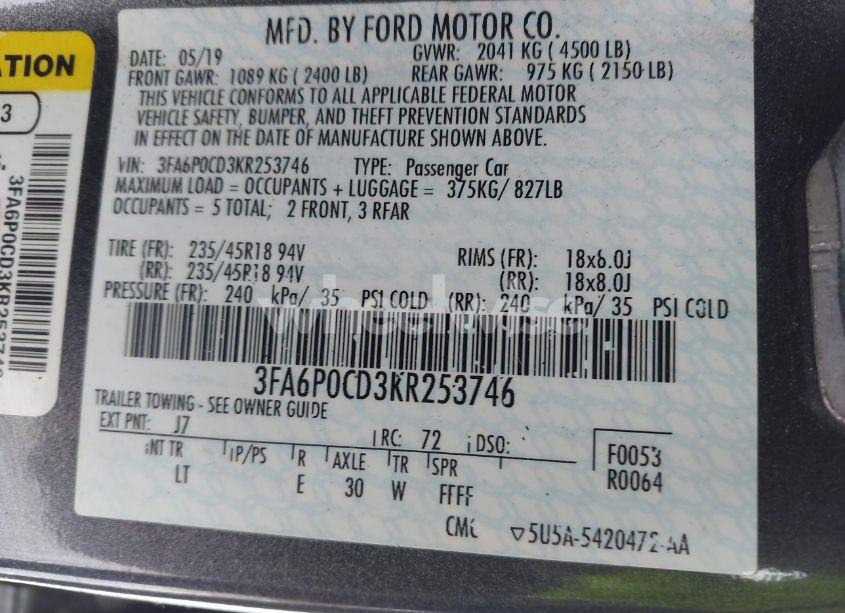 Photo 9 of 2019 Ford Fusion SEL (VIN 3FA6P0CD3KR253746)