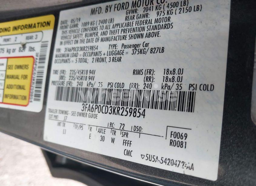 Photo 9 of 2019 Ford Fusion SEL (VIN 3FA6P0CD3KR259854)