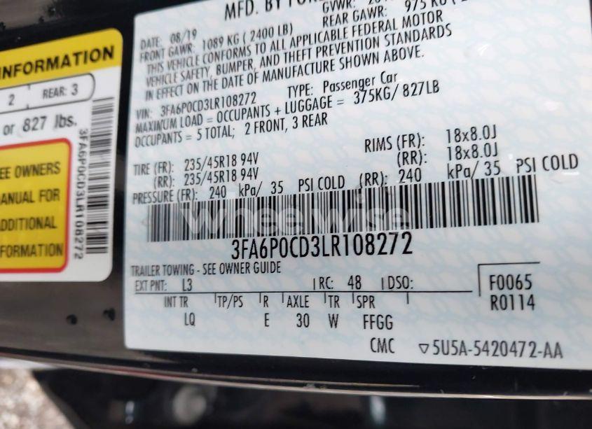 Photo 9 of 2020 Ford Fusion SEL (VIN 3FA6P0CD3LR108272)